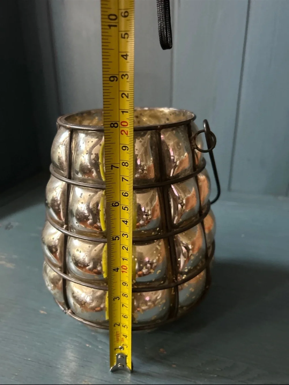 Vintage-Style Gold Mercury Glass Lantern with Wire Cage | 8” Tall